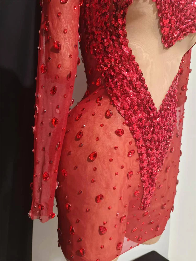 Crystal Rhinestone Mesh Long Sleeve Vintage Inspired Dress with Sequins and Skirt