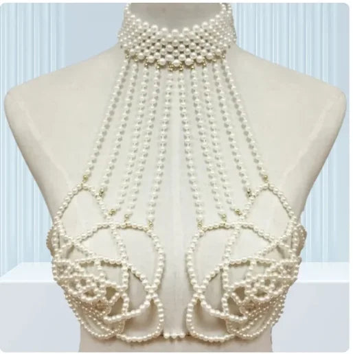 Showgirl Pearl Body Chain - Handmade Rhinestone Waist Chain Bra Harness for Rave & Burlesque Costumes