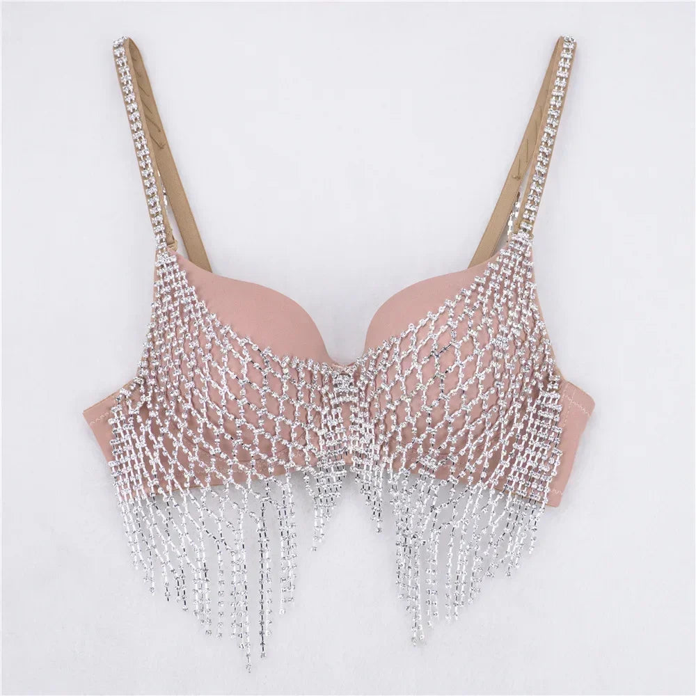 Sparkly Rhinestone Mesh Fringe Corset Crop Top Stage Performance Bustier