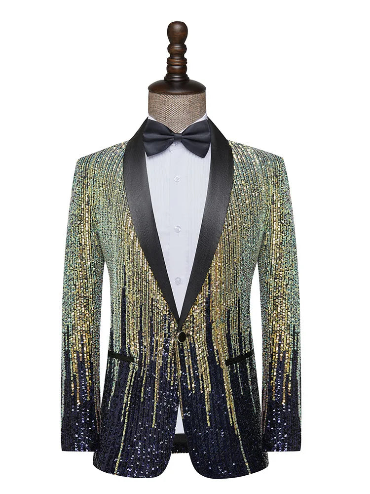 Men's Luxury Gradient Sequin Blazer Shawl Lapel Formal Stage Tuxedo Jacket