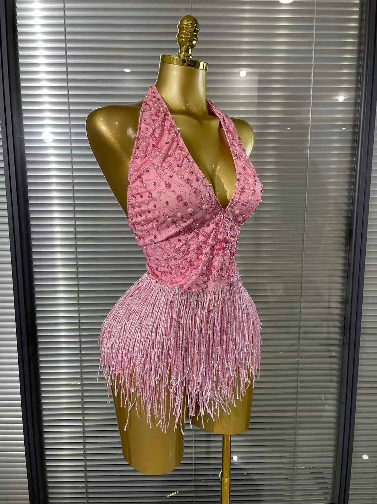 Vintage-Inspired Beaded Tassel Bodysuit Performance Costume