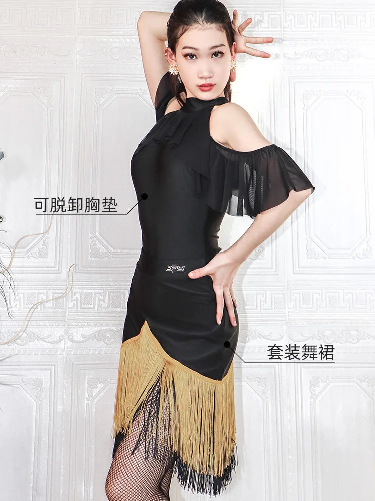 Black High-Neck Short-Sleeve Bodysuit & Gold Fringe Skirt Latin Dance Costume Set