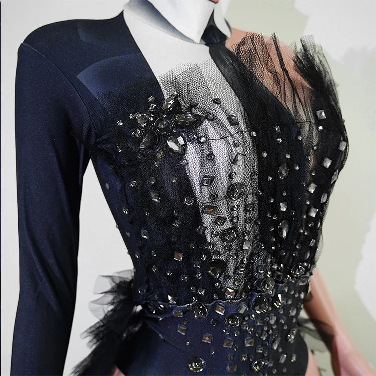 Black Rhinestone One-Shoulder Bodysuit & Trailing Tulle Train Stage Costume Set