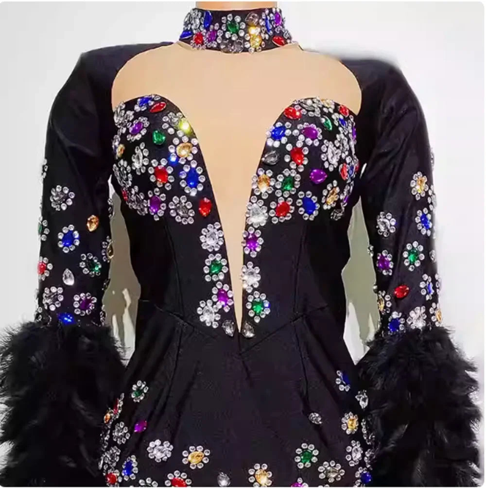 Black Feather Rhinestone Long-Sleeve Bodysuit
