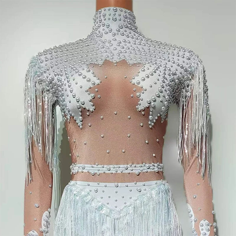 Pearl Tassel Long-Sleeve Performance Bodysuit