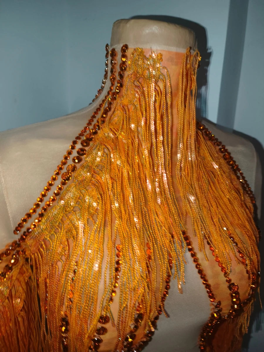 Orange Sparkly Crystal Fringe Bodysuit Off-Shoulder Stage Performance Costume Leotard