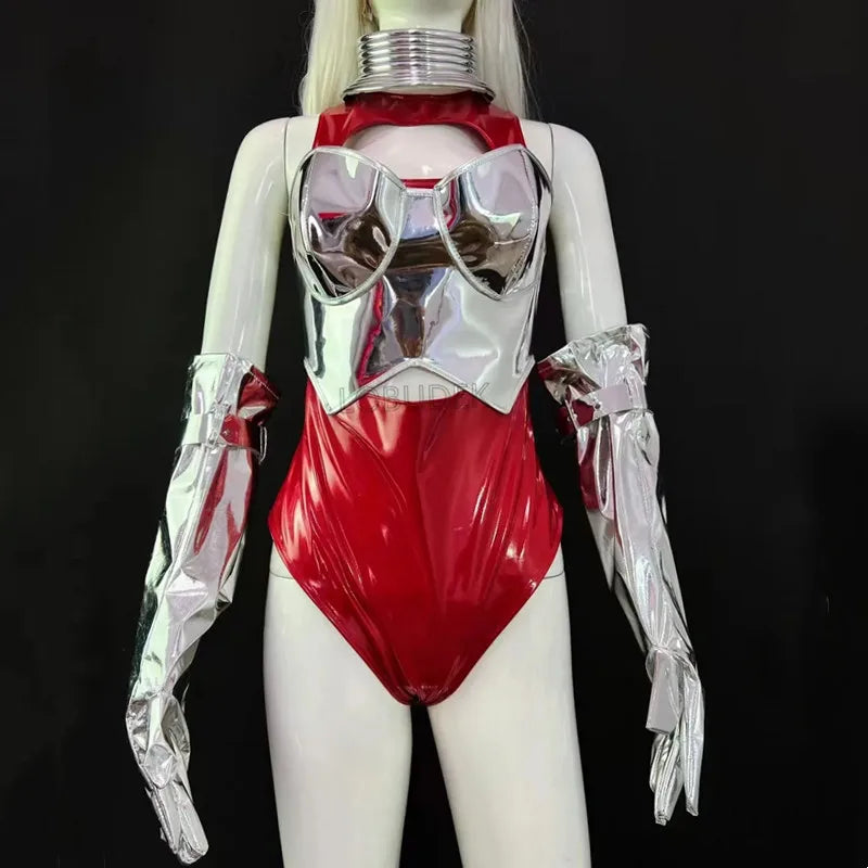 Crimson Red & Laser Silver Foil Bodysuit, Gloves & Beret Hat Stage Dance Costume Set