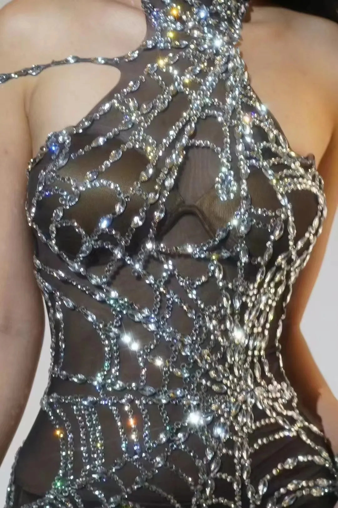 Black Mesh Rhinestones Jumpsuit Women Singer Nightclub Bar Concert Performance Transparent Rompers Stage Costume