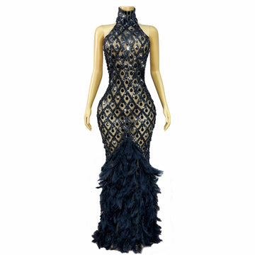 Sparkly Rhinestone Feather Sheer Mesh Evening Gown Stage Fashion Show Outfit