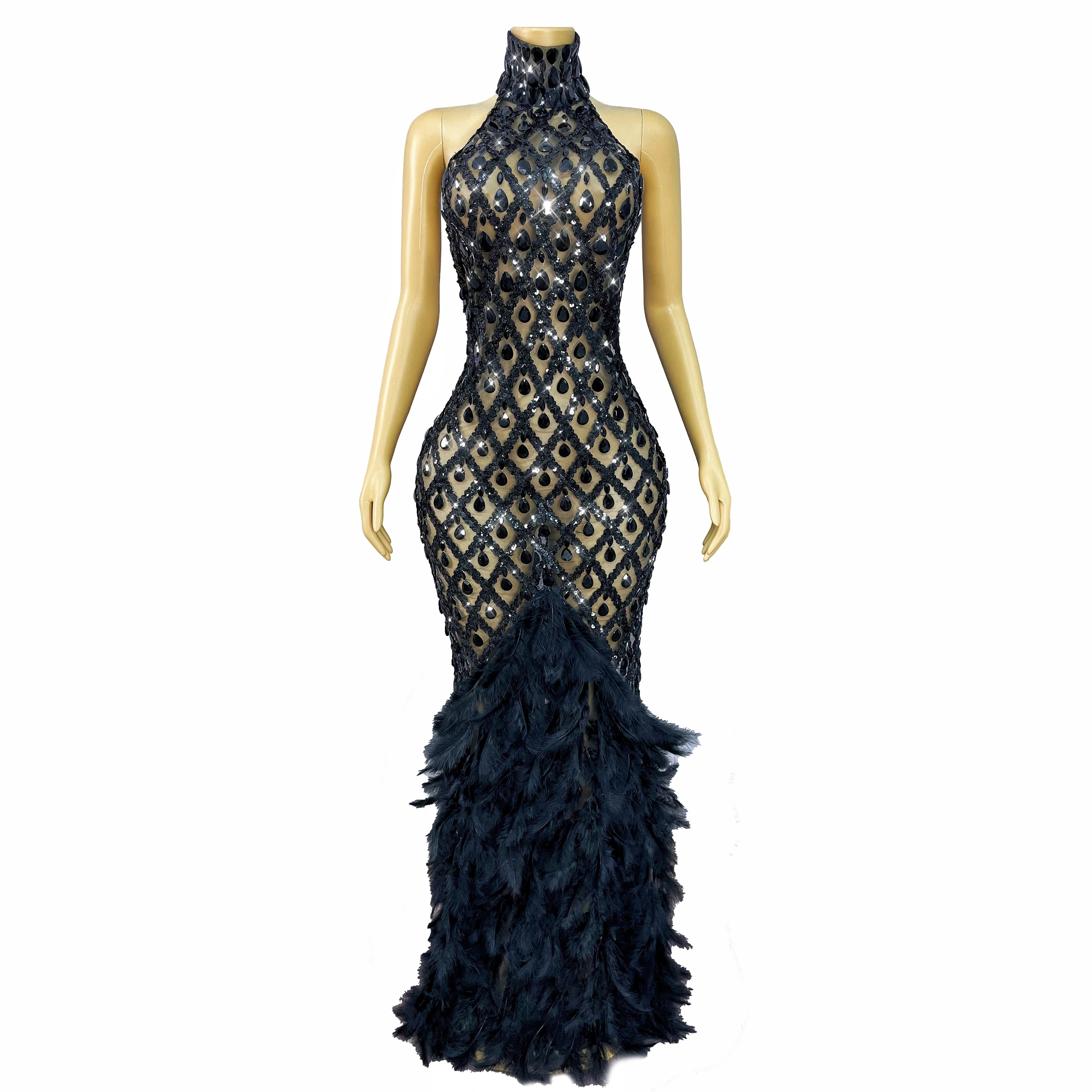 Sparkly Rhinestone Feather Sheer Mesh Evening Gown Stage Fashion Show Outfit