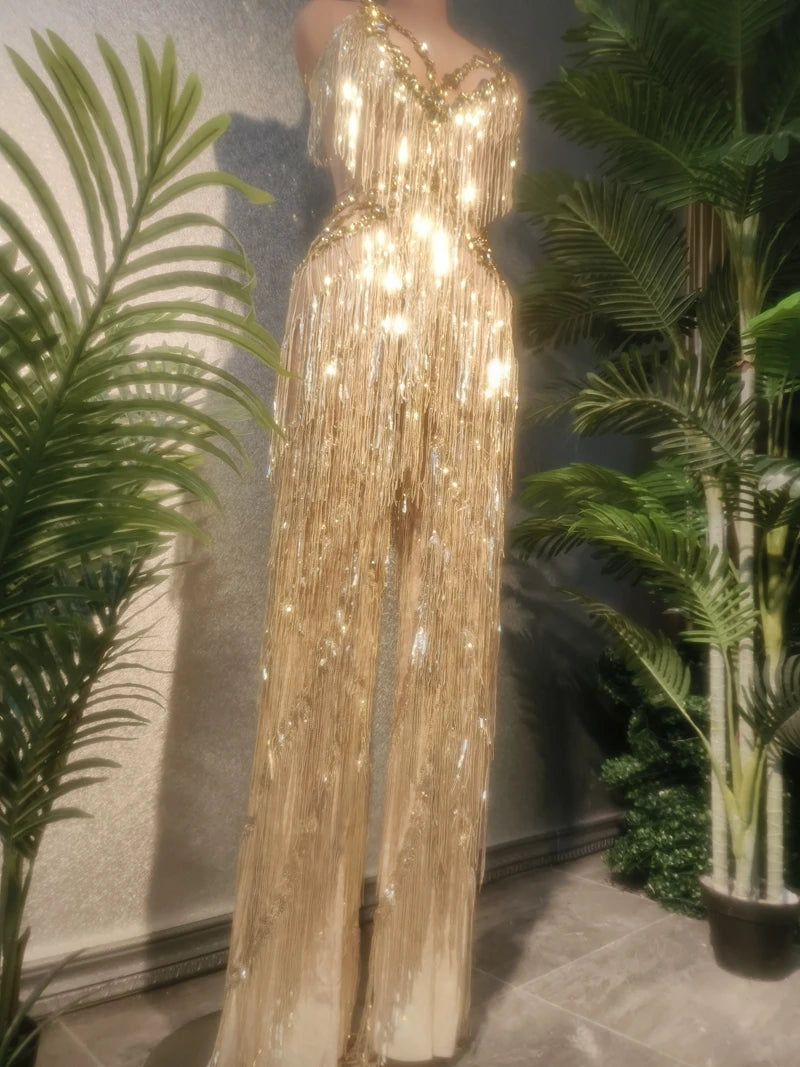Sparkly Gold Sequin Rhinestone Stage Romper Sleeveless Jumpsuit Performance Costume