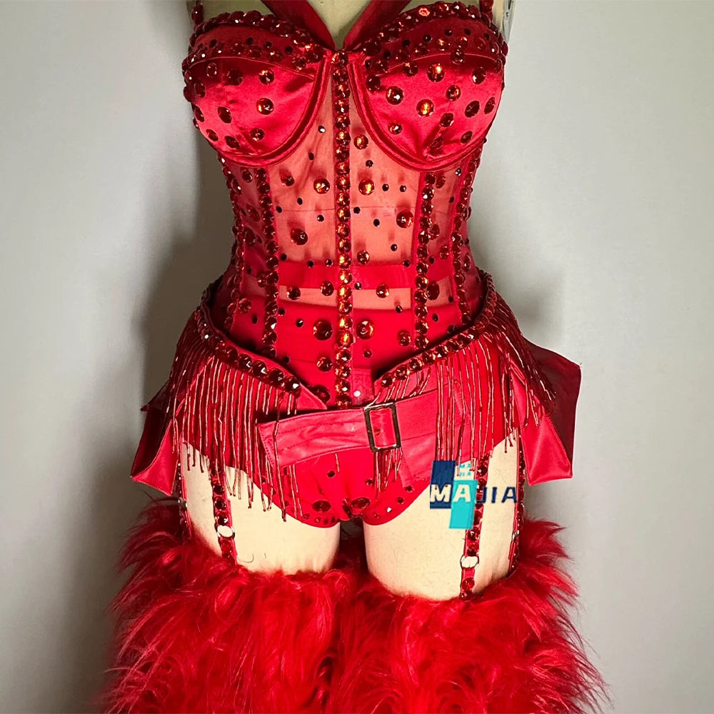 Crimson Red Crystal Corset Bodysuit, Feather Trailing Skirt & Cowgirl Hat 3-Piece Stage Costume Set