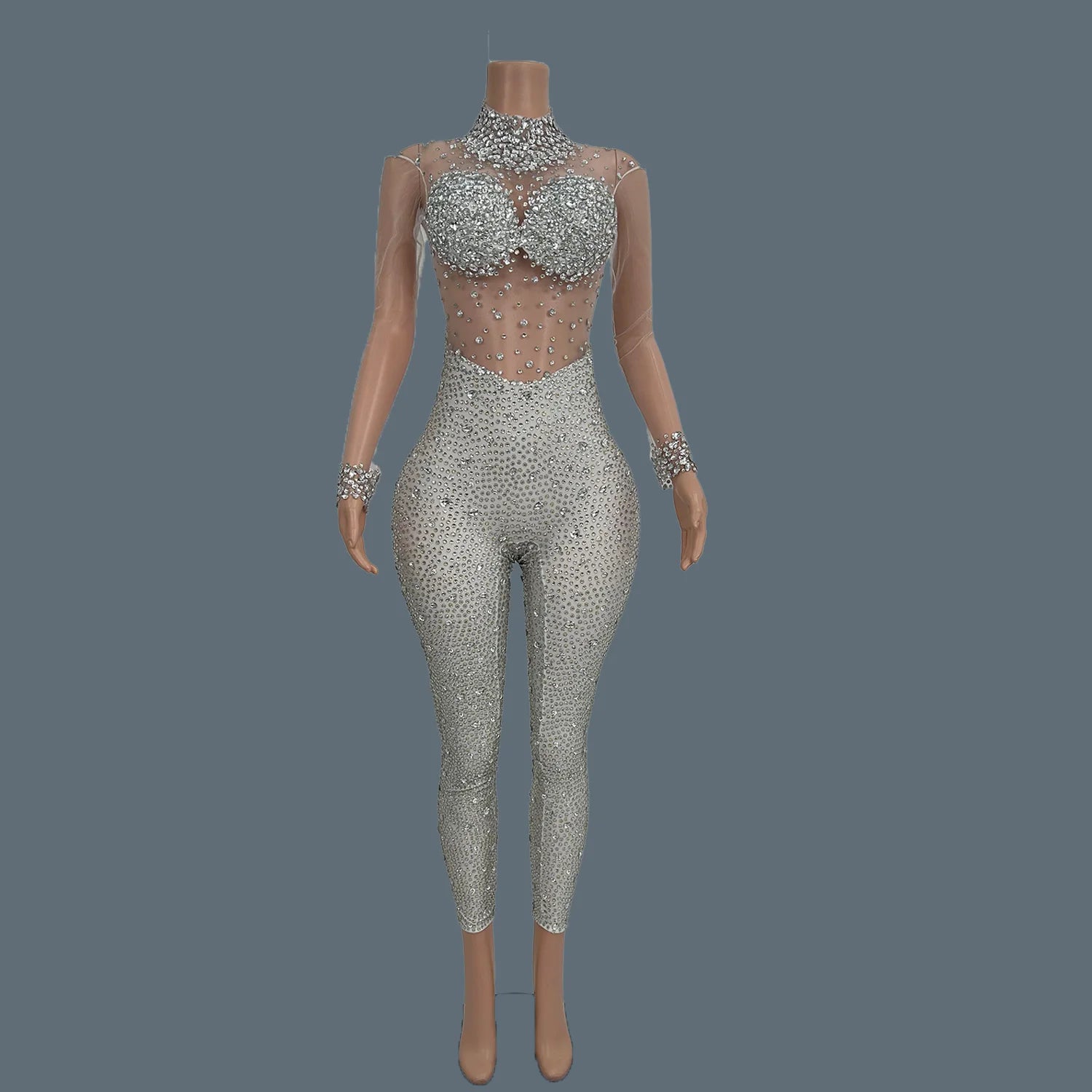 Sparkly Crystal Mesh Sheer Illusion Jumpsuit Stage Catsuit Costume