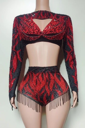 Crimson Red Crystal Cutout Crop Top & Shorts 2-Piece Stage Dance Costume Set