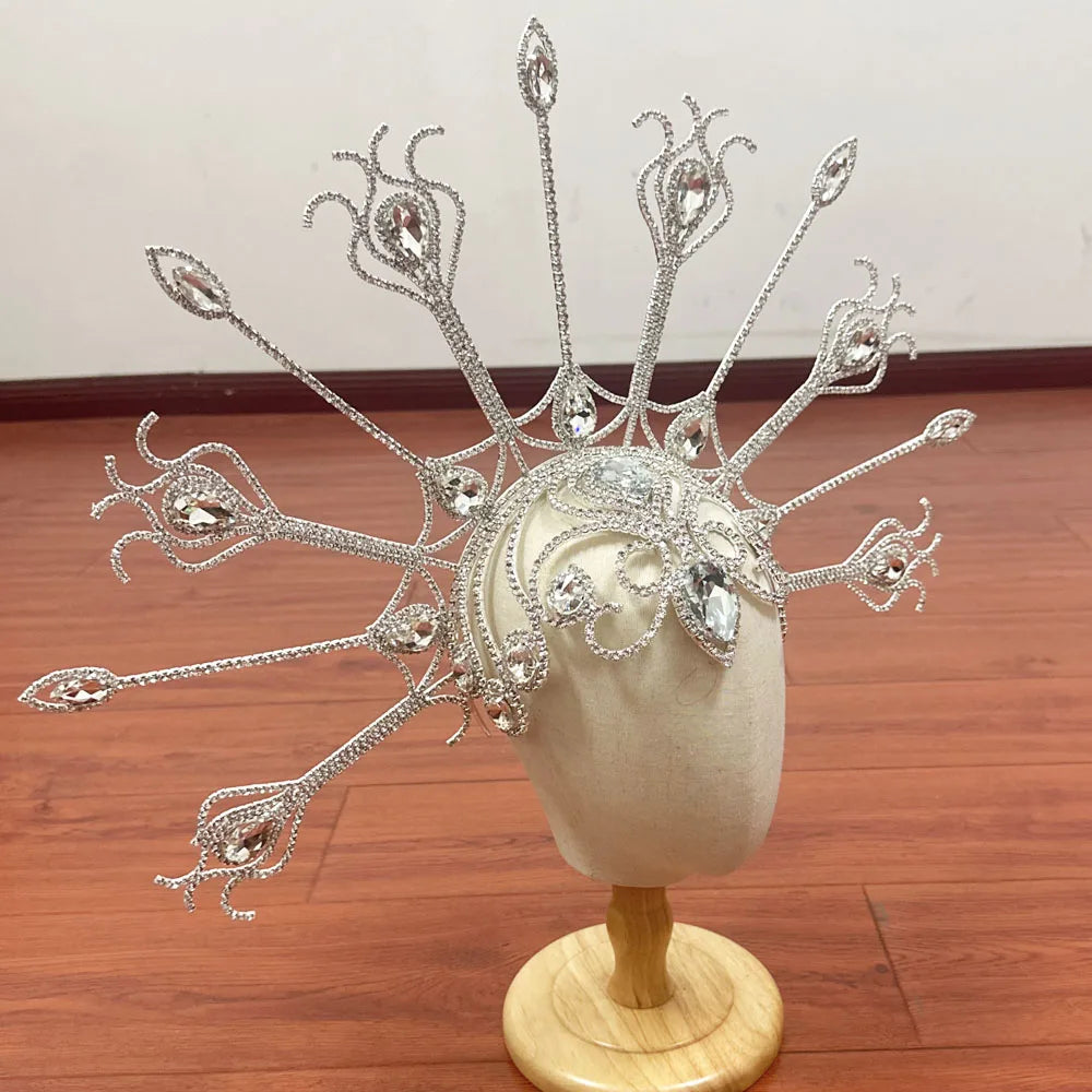 Luxury Peacock Rhinestone Statement Crown – Oversized Crystal Headpiece & Show-Stopping Hair Jewelry for Fashion Shows, Galas & Festivals