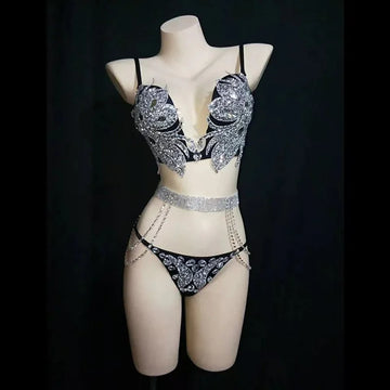 Sparkly Crystal Rhinestone Diamond Bra & Bikini Set Stage Costume