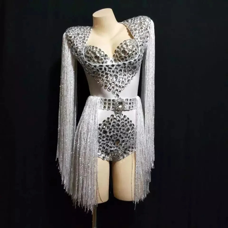 Sparkly Crystal Rhinestone & Tassel Fringe Bodysuit Costume Set with Bra & Belt