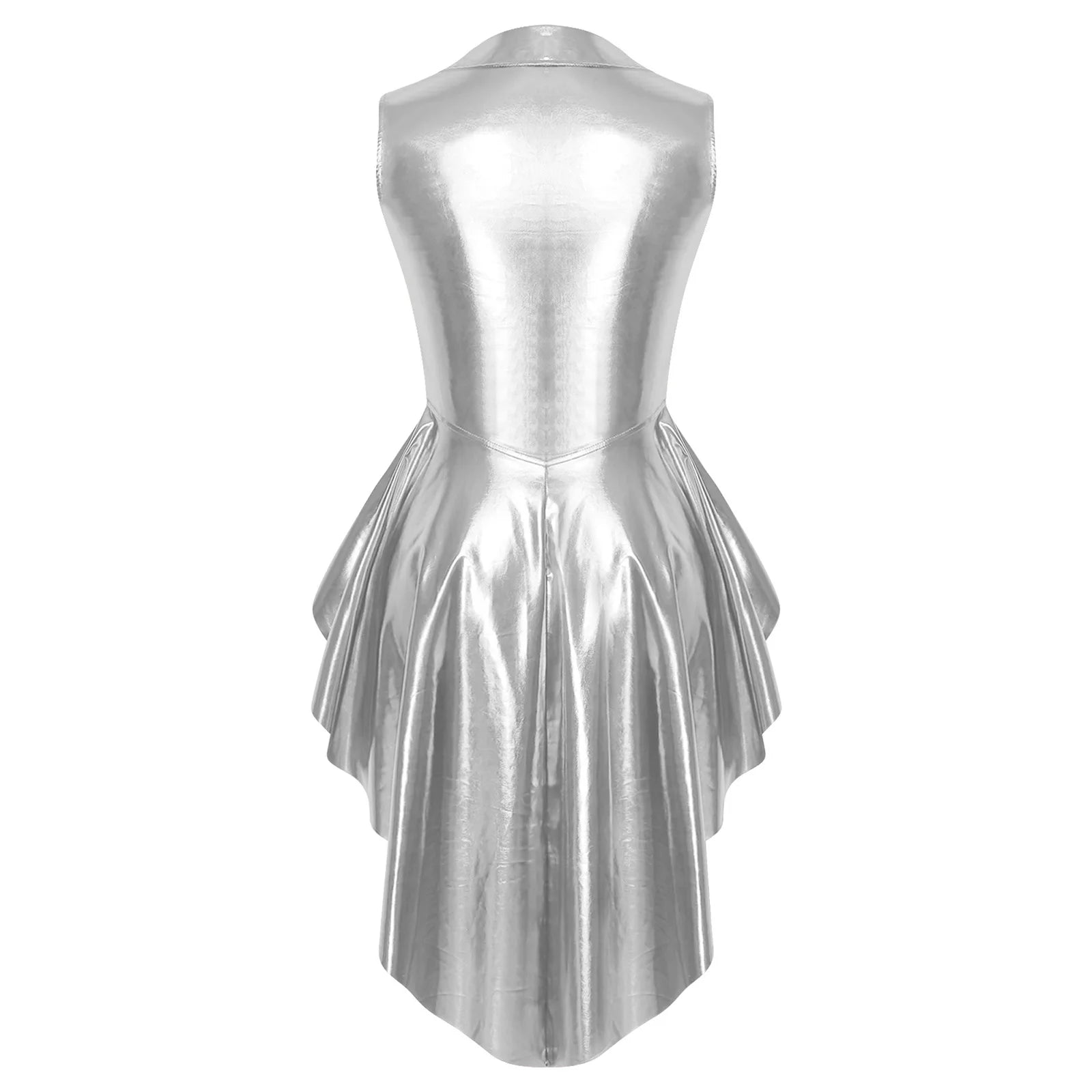 Metallic Wet-Look Sleeveless Tailcoat Jacket with Asymmetrical High-Low Hem