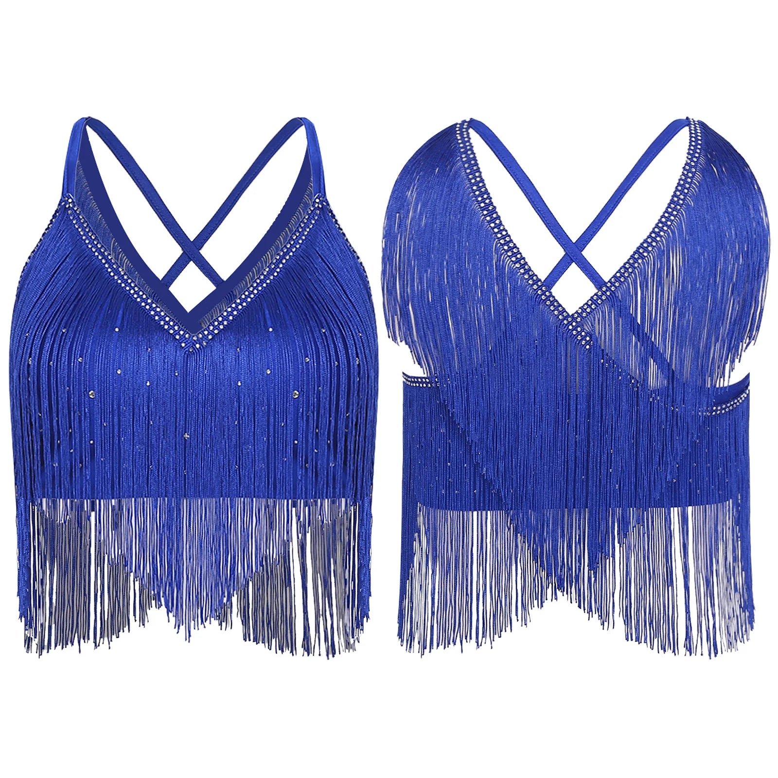V-Neck Crisscross Back Tassel Fringe Crop Top Latin Salsa Dance Costume