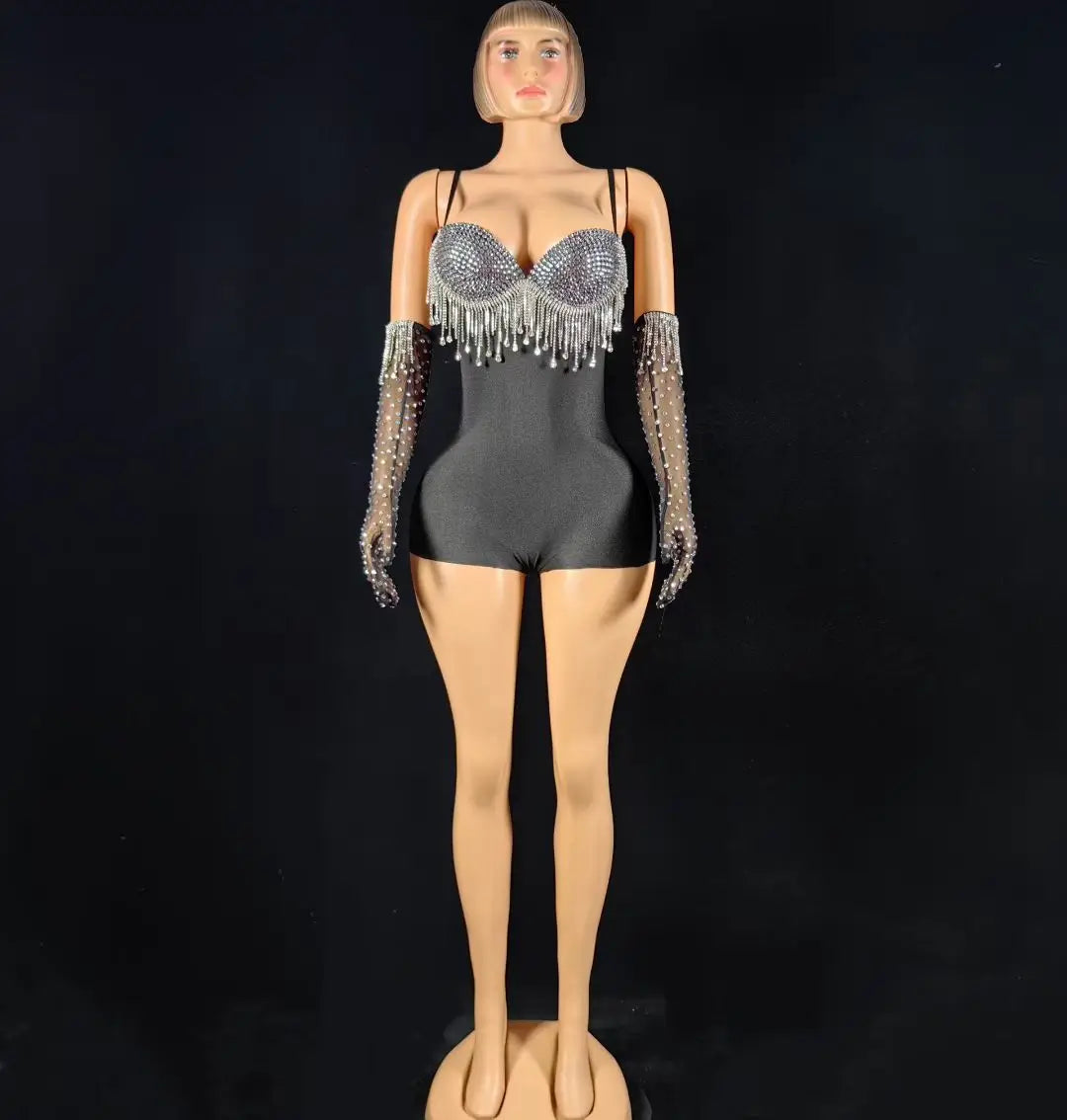 Black Spandex Crystal Tassel Bodysuit with Matching Gloves Stage Performance Set