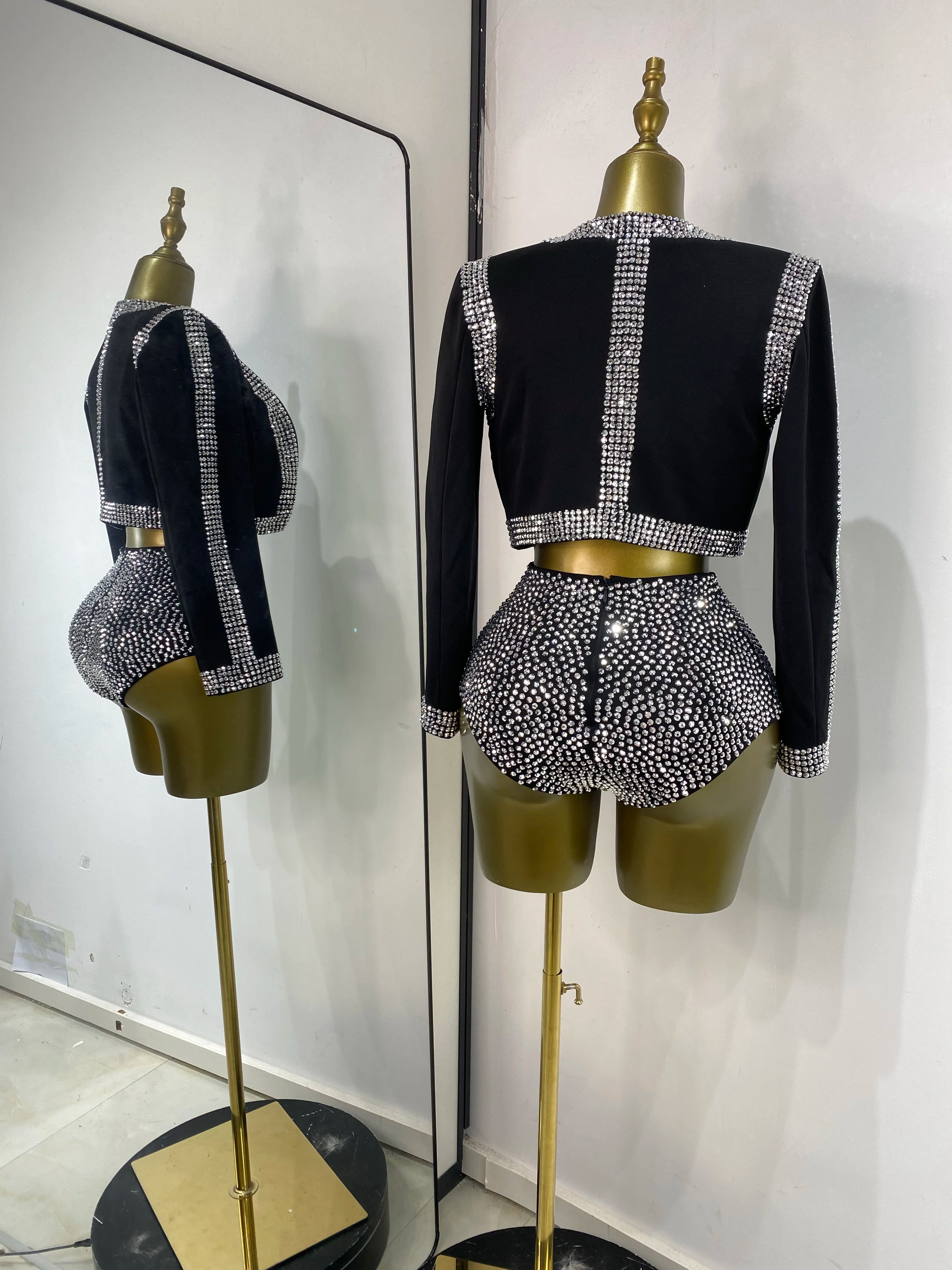 Rhinestone Bustier, High-Waist Mini Shorts & Cropped Jacket 3-Piece Performance Costume Set