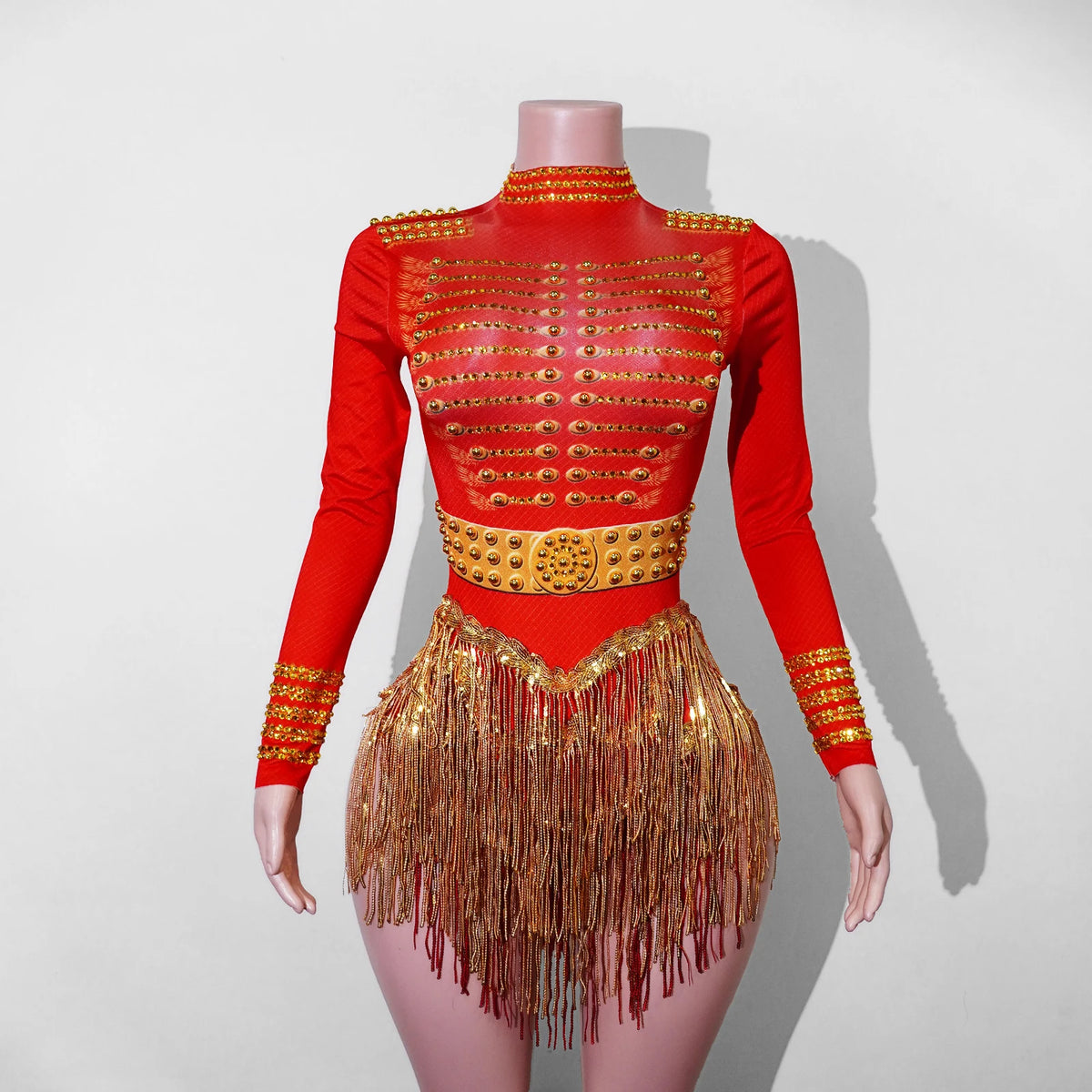 Red Ringmaster Circus Costume for Women | Gold Fringe Leotard for Stage & Dance