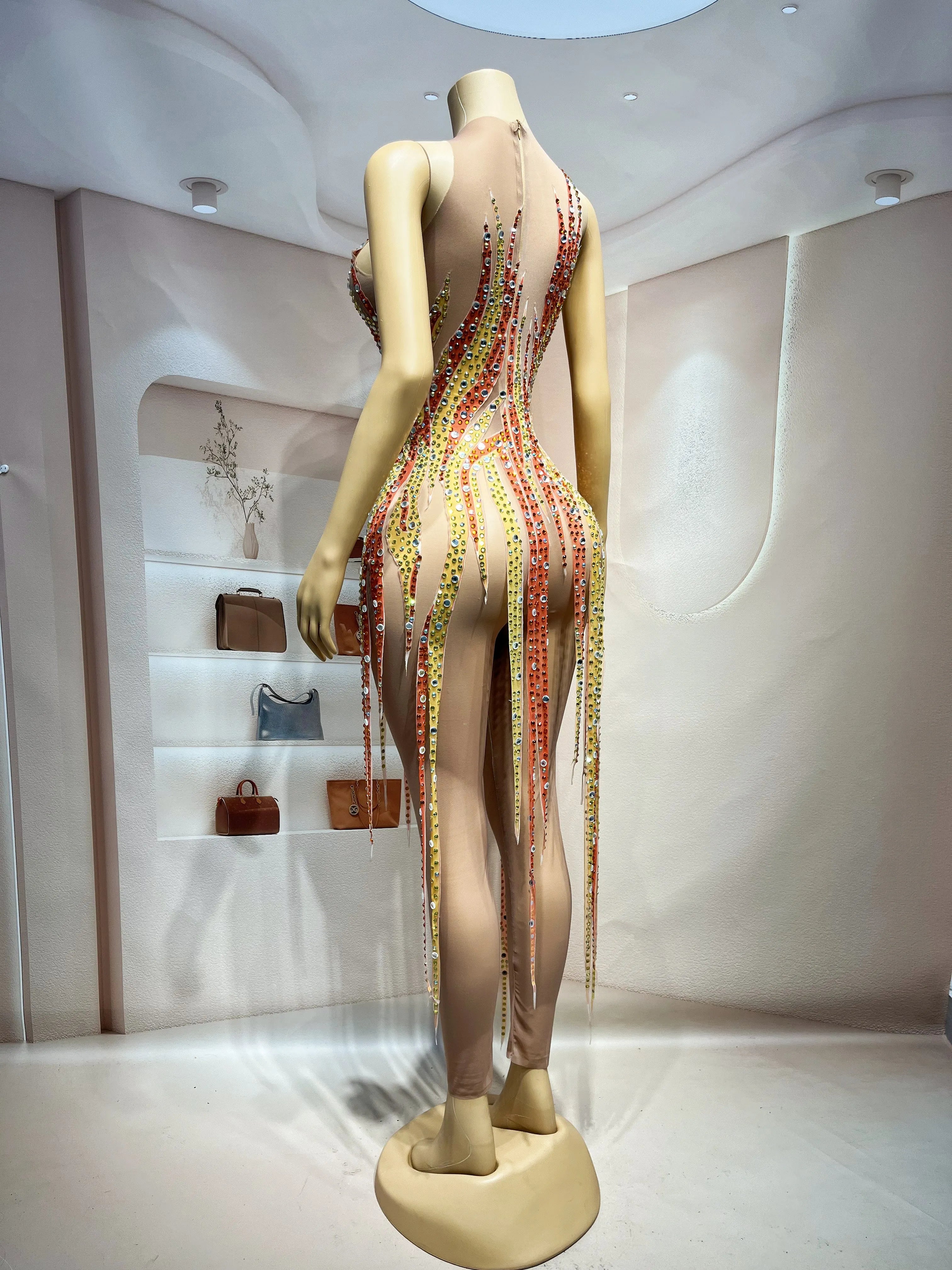 Gold & Amber Beaded Rhinestone Catsuit Illusion Mesh Long-Sleeve Jumpsuit Stage Costume