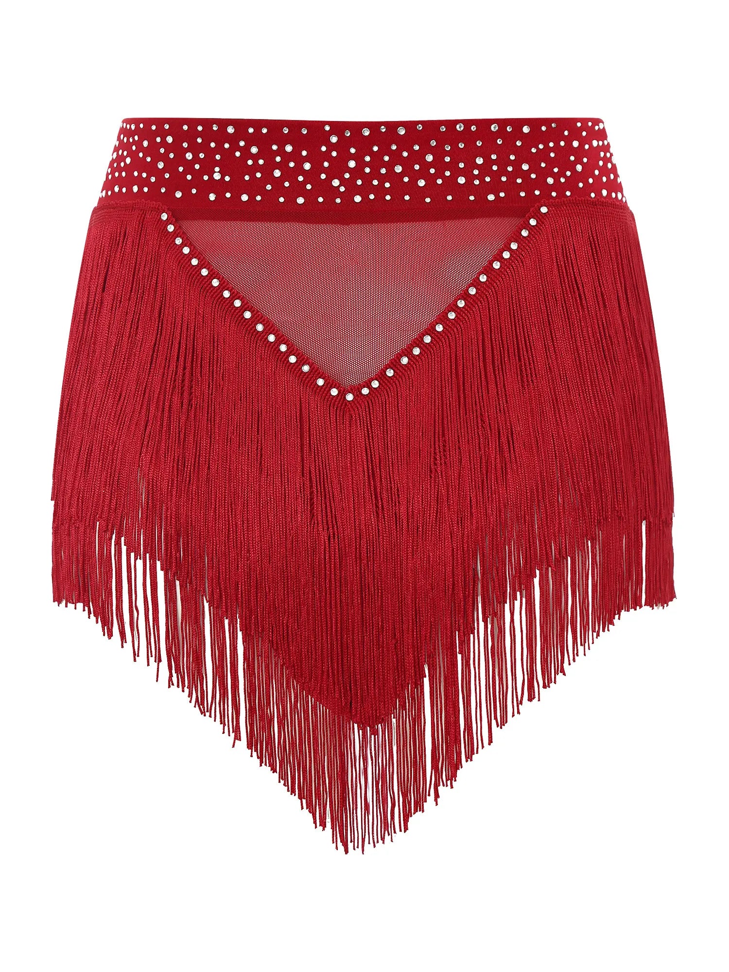 Rhinestone Tassel High-Waist Dance Shorts & Sheer Mesh Fringe Skirt