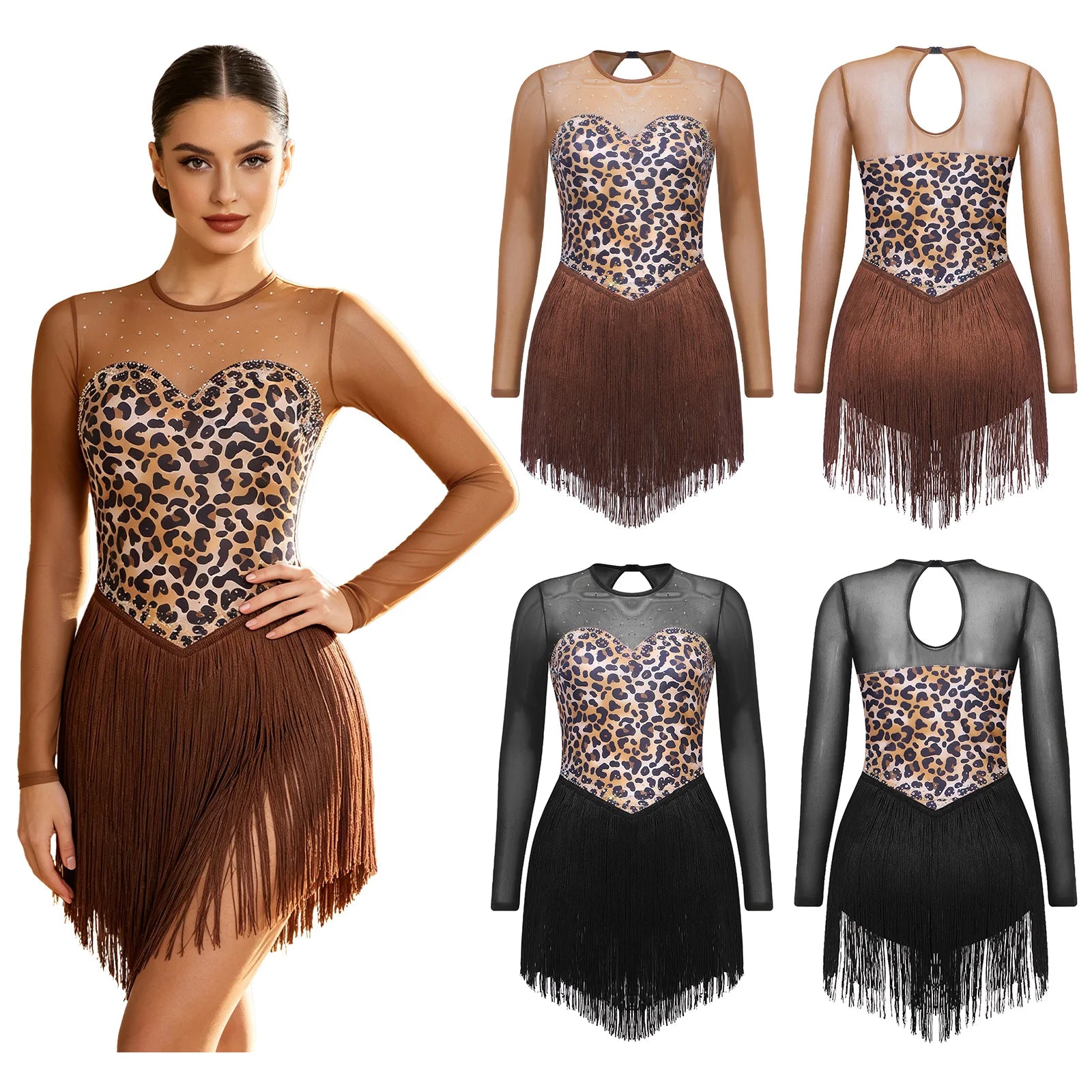 Leopard Print Rhinestone Tassel Dance Dress Long Sleeve Keyhole Bodysuit