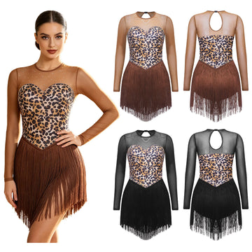 Leopard Print Rhinestone Tassel Dance Dress Long Sleeve Keyhole Bodysuit