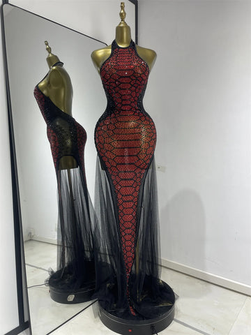 Claret Red Snakeskin Rhinestone Halter Gown Backless Mesh Illusion Evening Maxi Dress