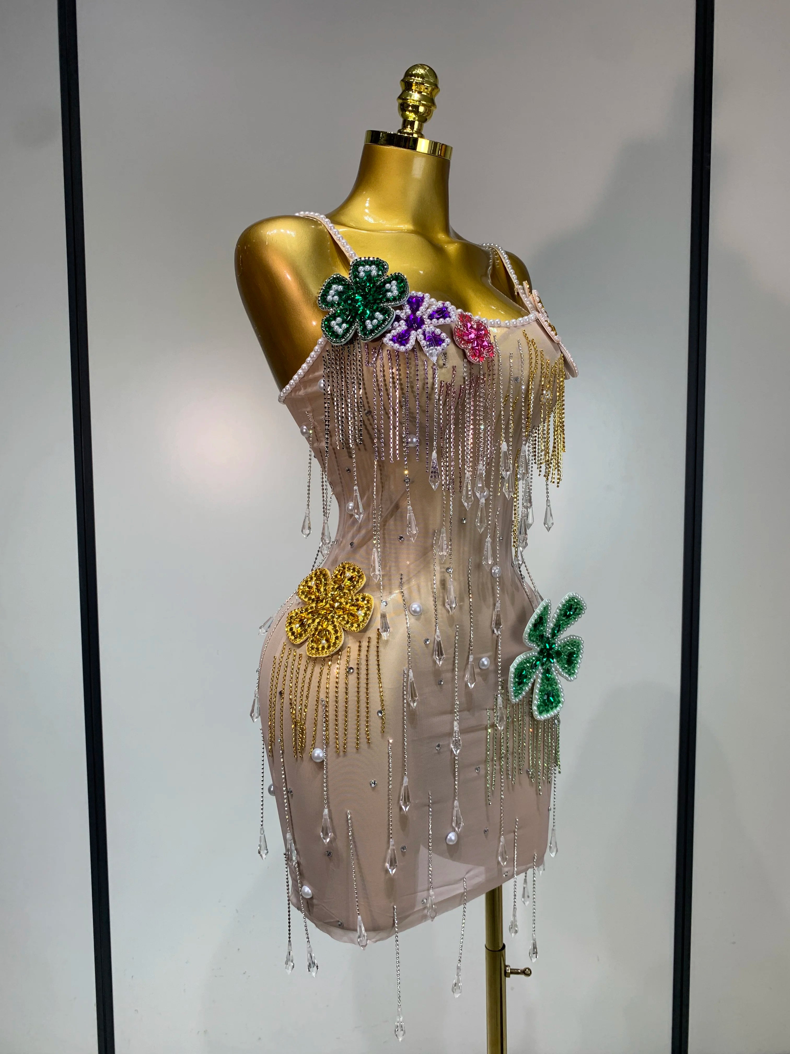 Colorful Rhinestone Pearl Sheer Dress & Two-Piece Mini Skirt Set Celebration Outfit