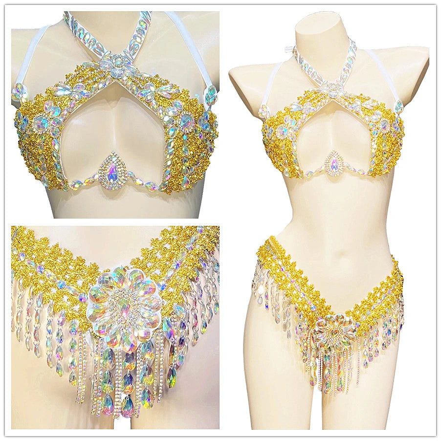 Sparkly Samba Carnival Stone Wire Bra & Thong Two-Piece Stage Costume Set