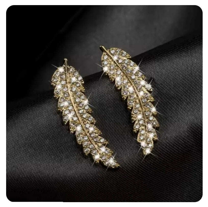 Crystal Leaf Feather Ear Climbers
