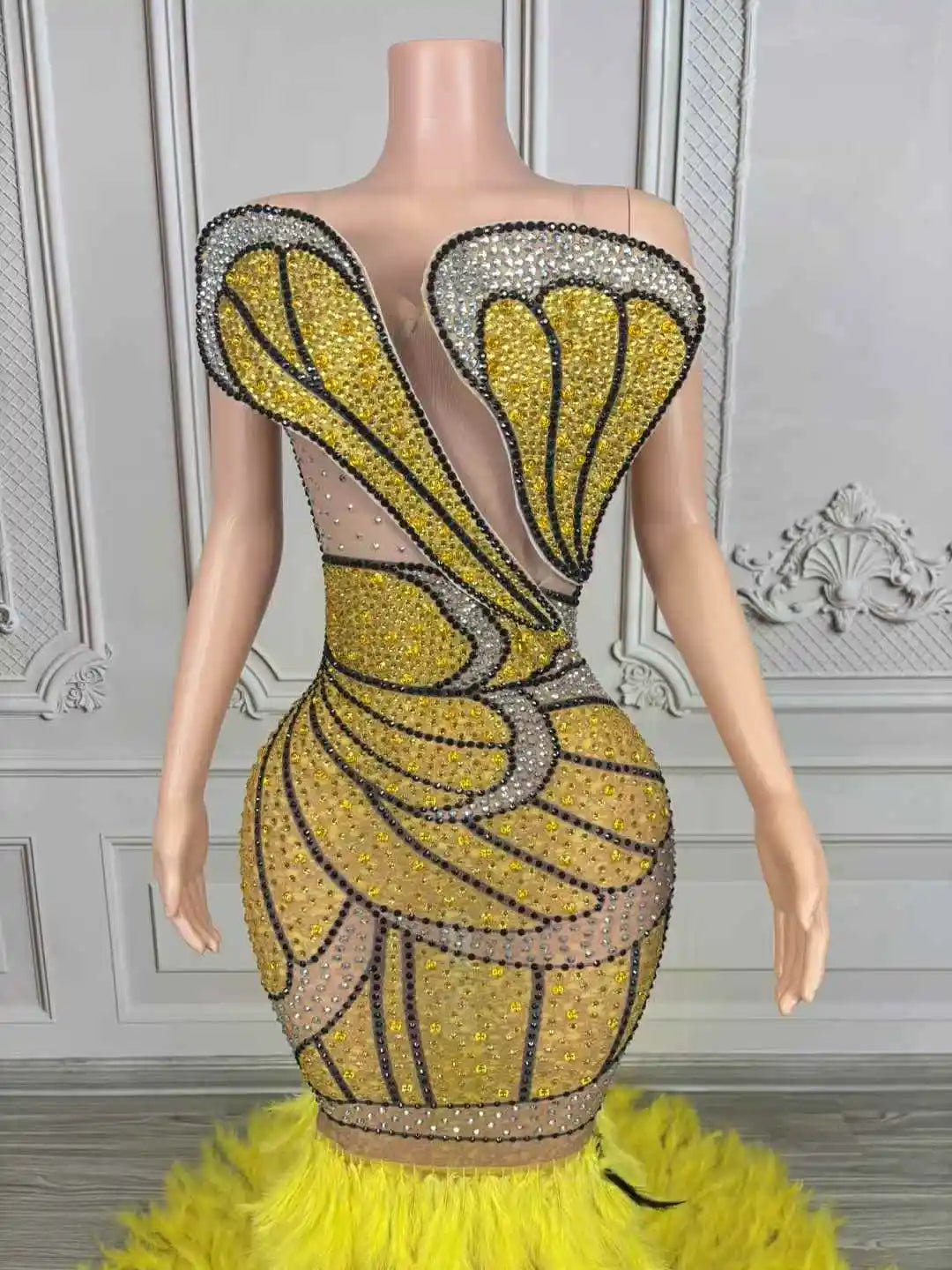 Women's Gold & Silver Crystal Mesh Feather Maxi Dress | Luxury Gown for Birthday, Prom & Stage