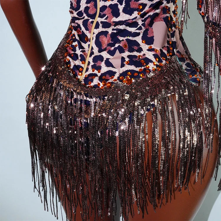 Leopard Sequin Fringe Asymmetrical Bodysuit One-Sleeve Stage Performance Costume