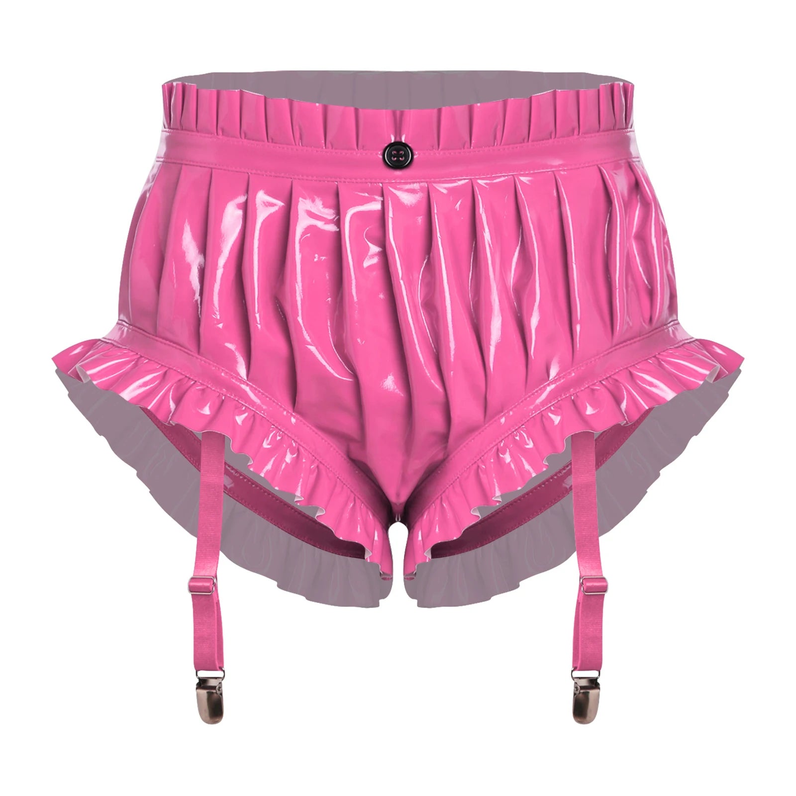 Wet-Look PU Leather Ruffled Bloomer Shorts Attached Garter Clips Briefs