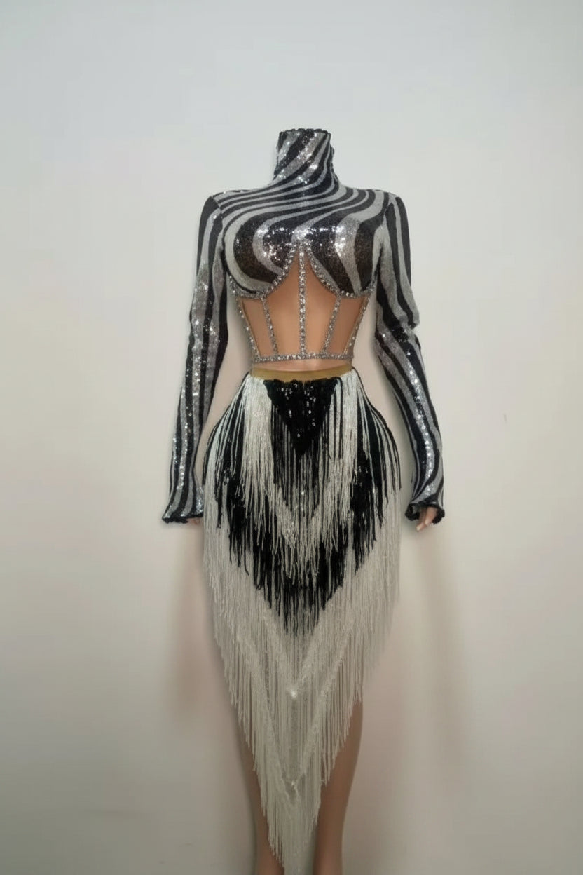 Sparkly Black & Silver Striped Sequin Long Sleeve Mini Skirt Set Costume