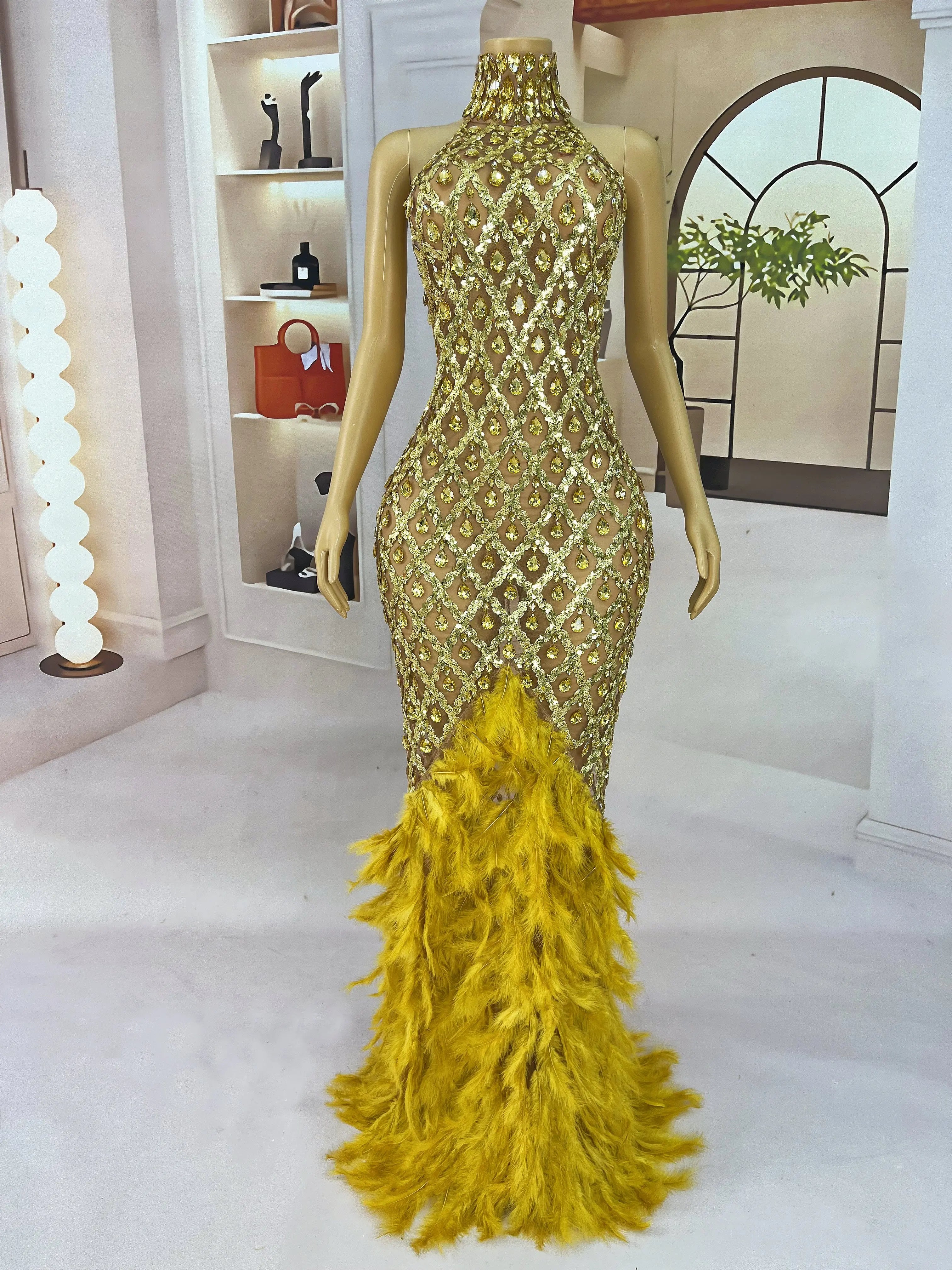 Sparkly Rhinestone Feather Sheer Mesh Evening Gown Stage Fashion Show Outfit