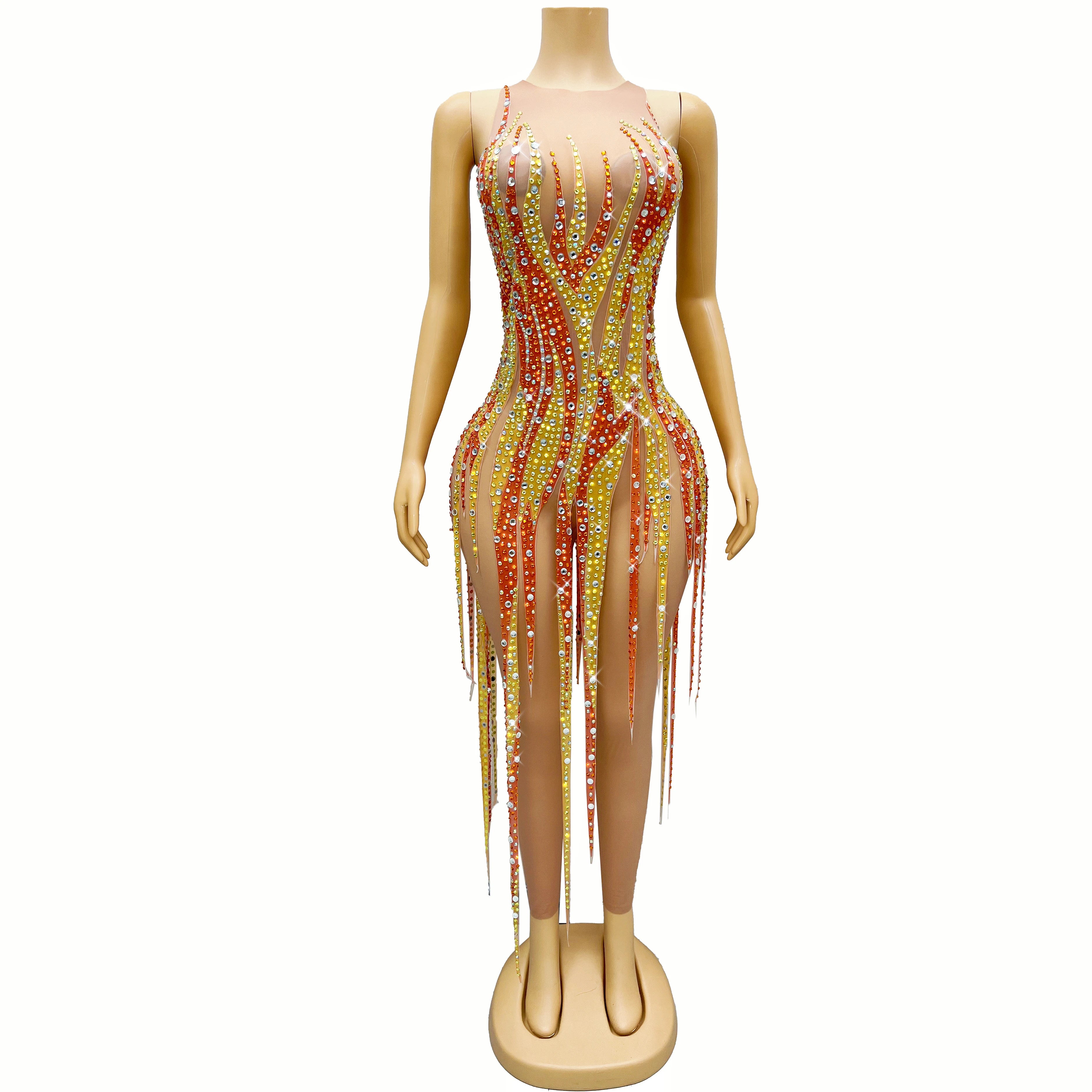 Gold & Amber Beaded Rhinestone Catsuit Illusion Mesh Long-Sleeve Jumpsuit Stage Costume