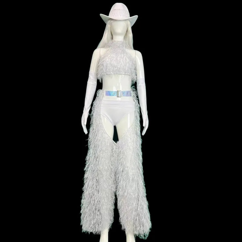 White Faux Fur Halter Top, Flare Chaps Pants, Long Gloves & Hat 4-Piece Stage Dance Costume Set
