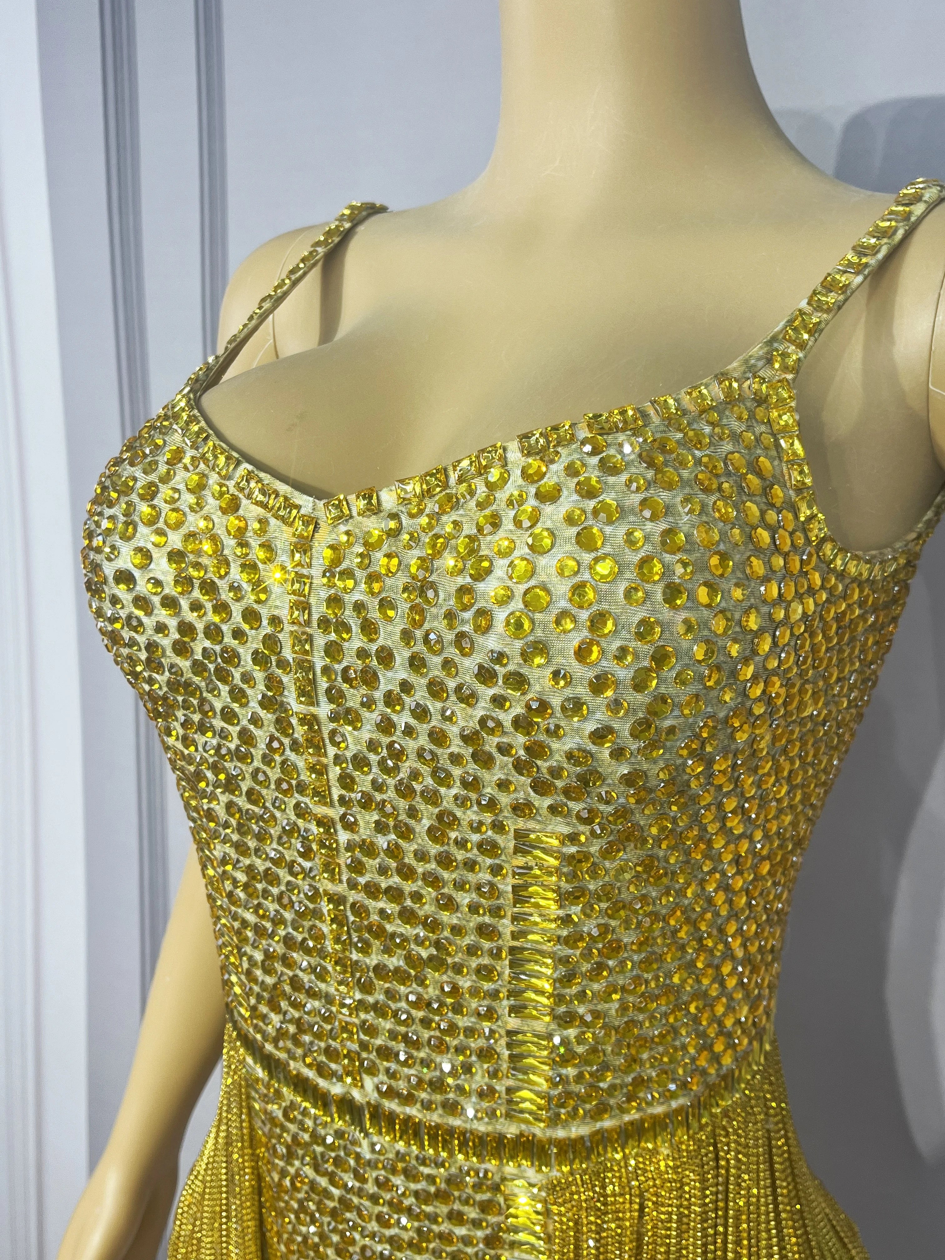 Gold Crystal Rhinestone Chain High-Cut Stage Performance Bodysuit Leotard