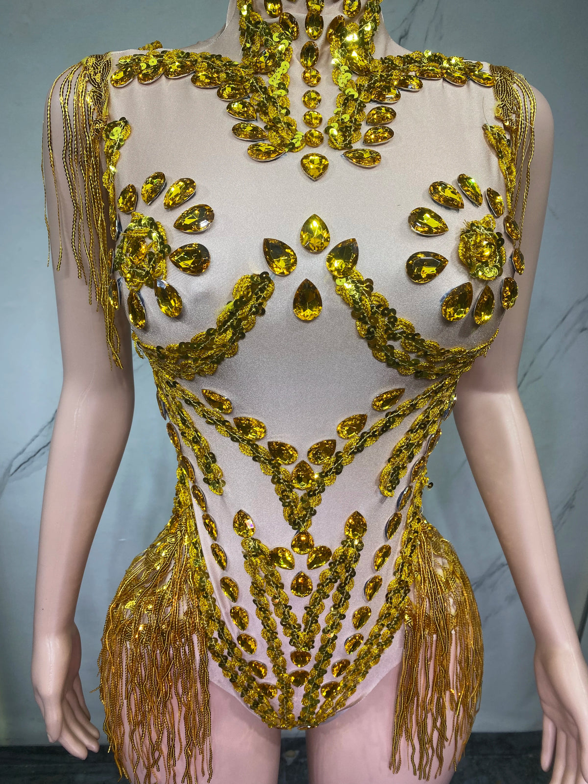 Sheer Mesh Rhinestone Performance Bodysuit for Women