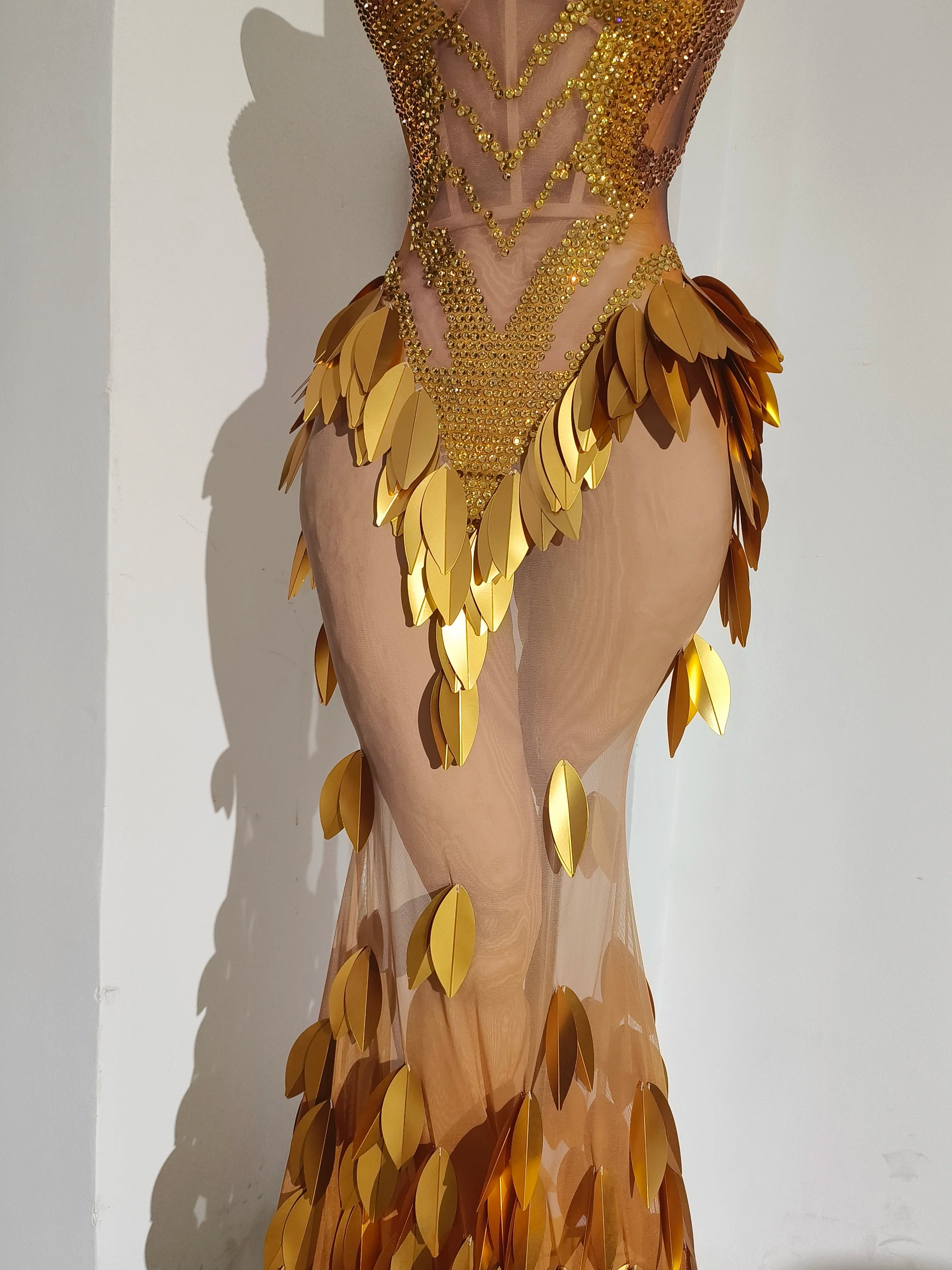Gold Rhinestone Diamond Leaf Mesh Strapless Long Stage Gown Costume