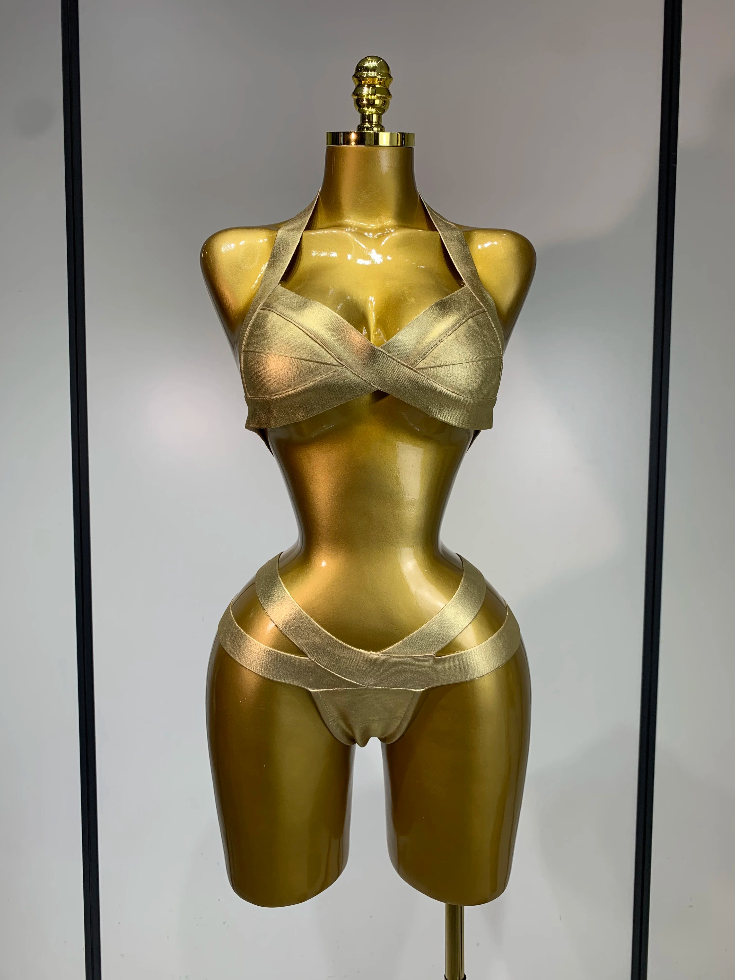 Gold Knitted Halter Bandage Two-Piece Set Stage Performance Costume Outfit