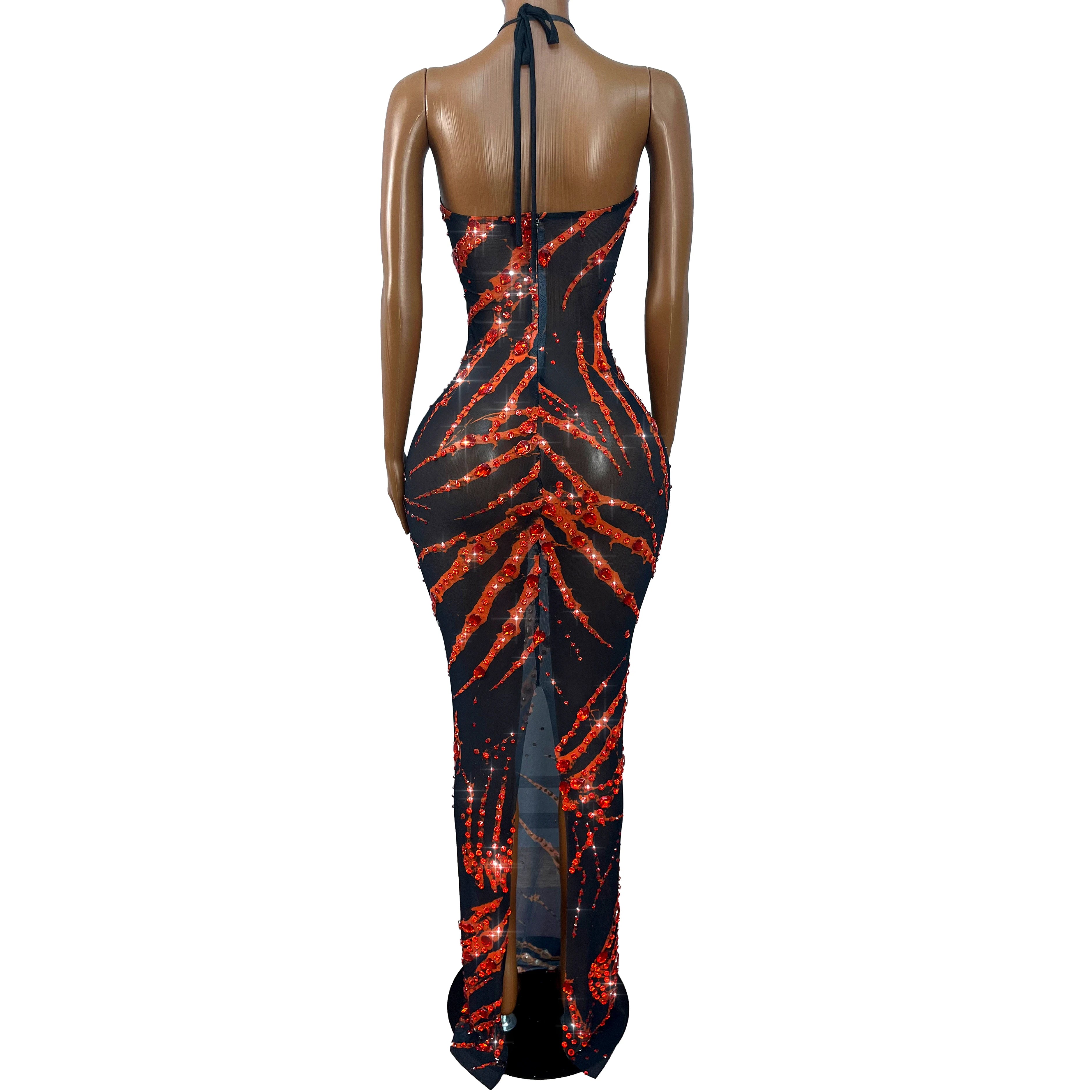 Crimson & Black Graphic Rhinestone Halter Maxi Gown Backless Illusion Evening Dress