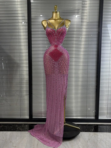 Pink Sleeveless V-Neck Rhinestone Bodycon Floor-Length Showgirl Stage Performance Dress