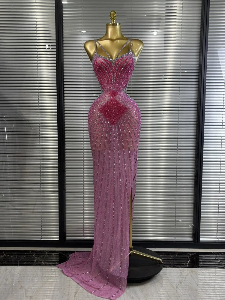 Pink Sleeveless V-Neck Rhinestone Bodycon Floor-Length Showgirl Stage Performance Dress