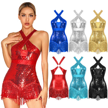 Sequined Fringe Cross-Front Latin Dance Leotard Costume Dress