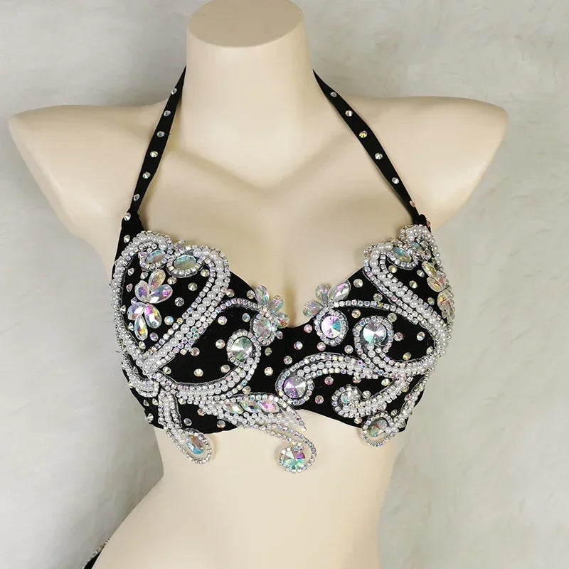 Dazzling Beaded Crystal Belly Dance Bra & Belt 2-Piece Costume Set